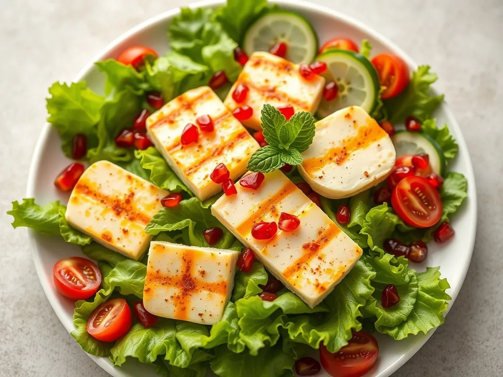 Sałatka z grillowanym halloumi, granatem, ogórkiem i pomidorkami, skropiona oliwą i udekorowana świeżą miętą