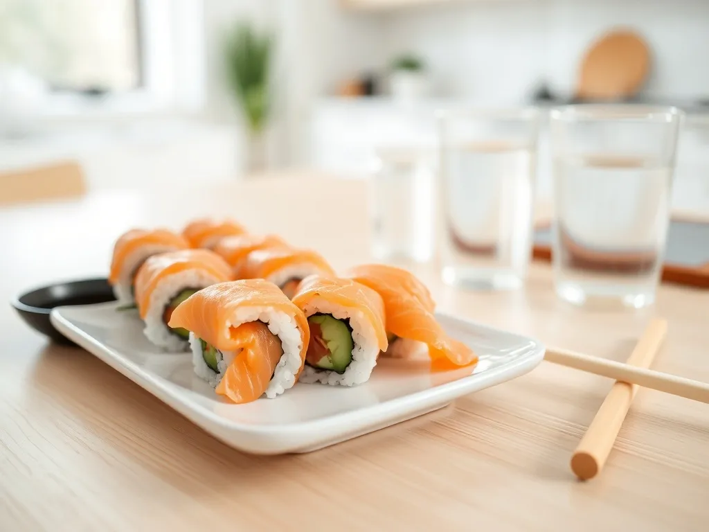 Zestaw prostego sushi na talerzu w jasnej kuchni, ilustrujący lekkostrawny, świeży posiłek z łososiem i warzywami.