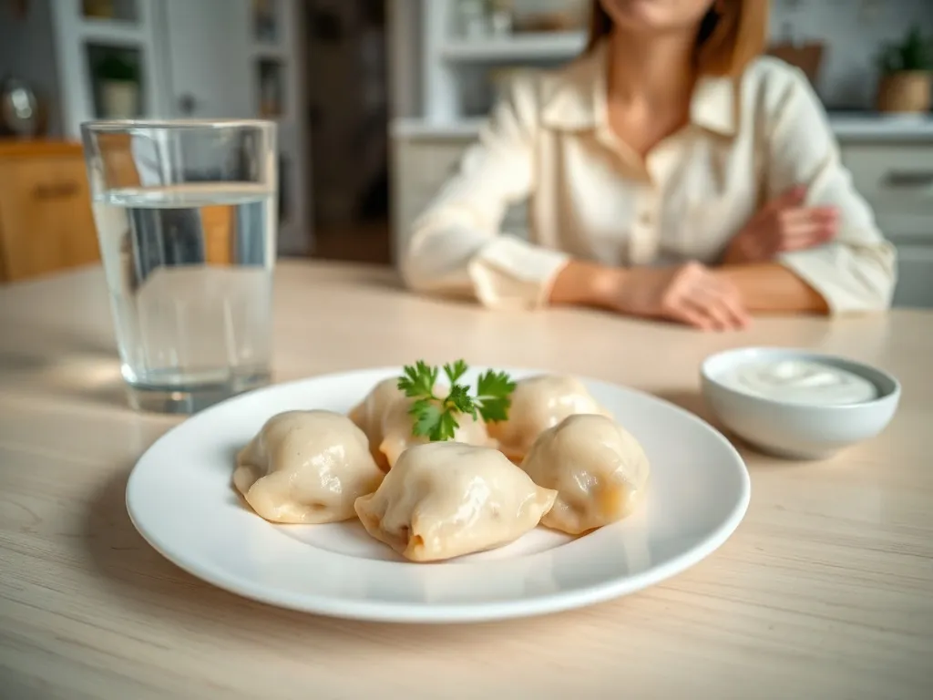 Talerz świeżych pierogów z lekkim sosem jogurtowym i wodą, w jasnej, spokojnej kuchni sprzyjającej lekkostrawnej diecie