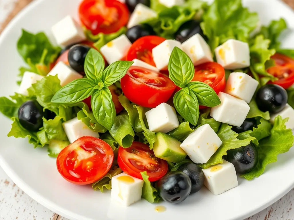 Kolorowa sałatka włoska z sałatą, pomidorami, oliwkami i mozzarellą, skropiona oliwą i octem balsamicznym.