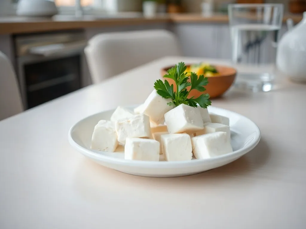 Pokrojone w kostkę tofu na talerzyku z natką pietruszki, w jasnej kuchni sugerującej lekkostrawny, zdrowy posiłek.