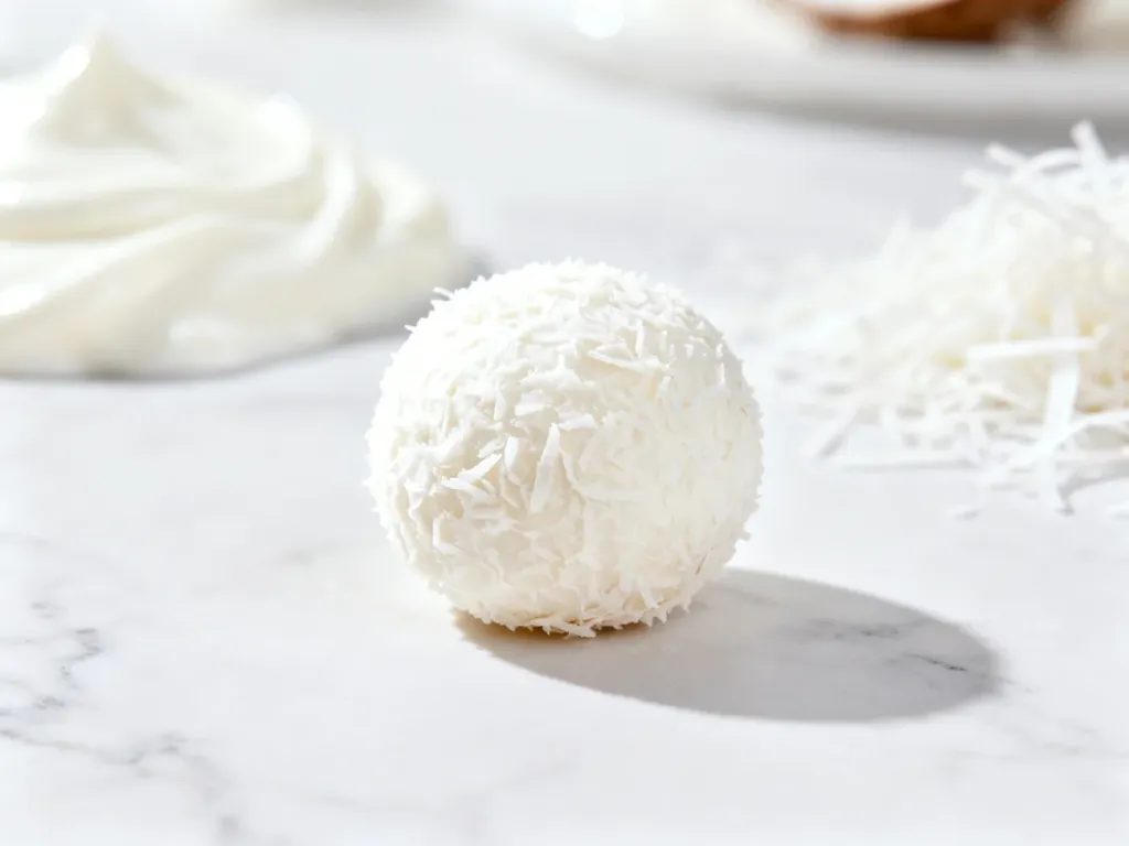 Pojedyncza kulka Raffaello na jasnym marmurowym blacie w minimalistycznej aranżacji.