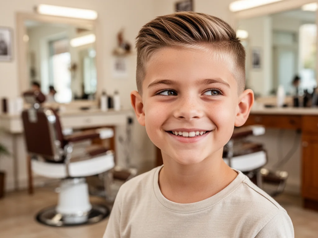 Uśmiechnięty 11‑latek z nowoczesną, starannie ułożoną fryzurą w przytulnym, jasnym wnętrzu barbershopu