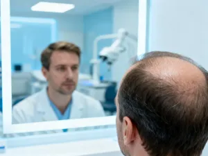 Uśmiechnięta kobieta z laską ortopedyczną pewnie kroczy przez nowoczesną klinikę rehabilitacyjną.
