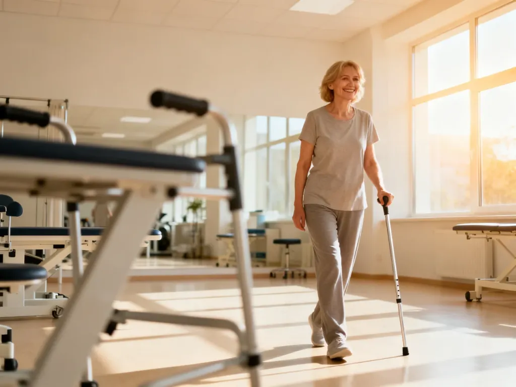 Uśmiechnięta kobieta z laską ortopedyczną pewnie kroczy przez nowoczesną klinikę rehabilitacyjną.