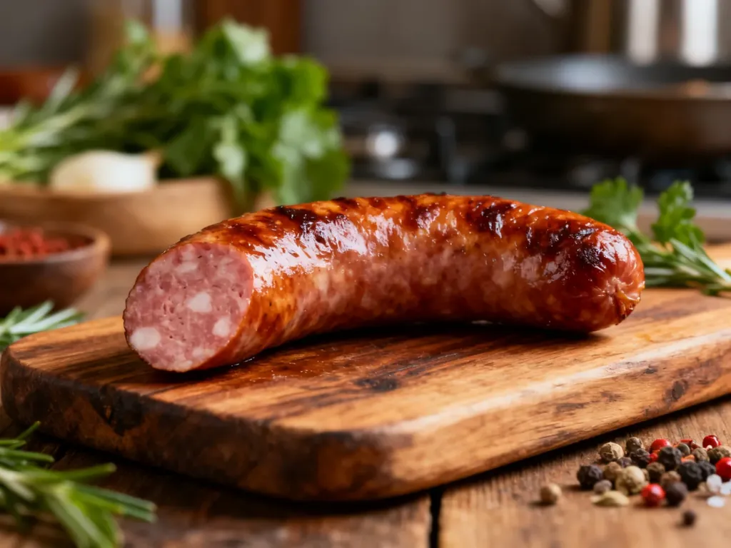 Apetyczna parówka podana na rustykalnej desce w otoczeniu świeżych ziół.