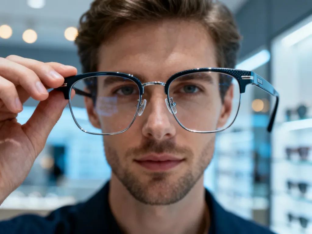Mężczyzna poprawia stylowe okulary korekcyjne w profesjonalnym salonie optycznym.