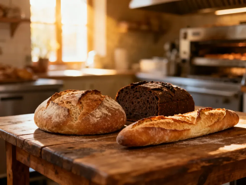 Różne rodzaje świeżego pieczywa, w tym chleb na zakwasie i bagietka, ułożone na rustykalnym drewnianym stole.