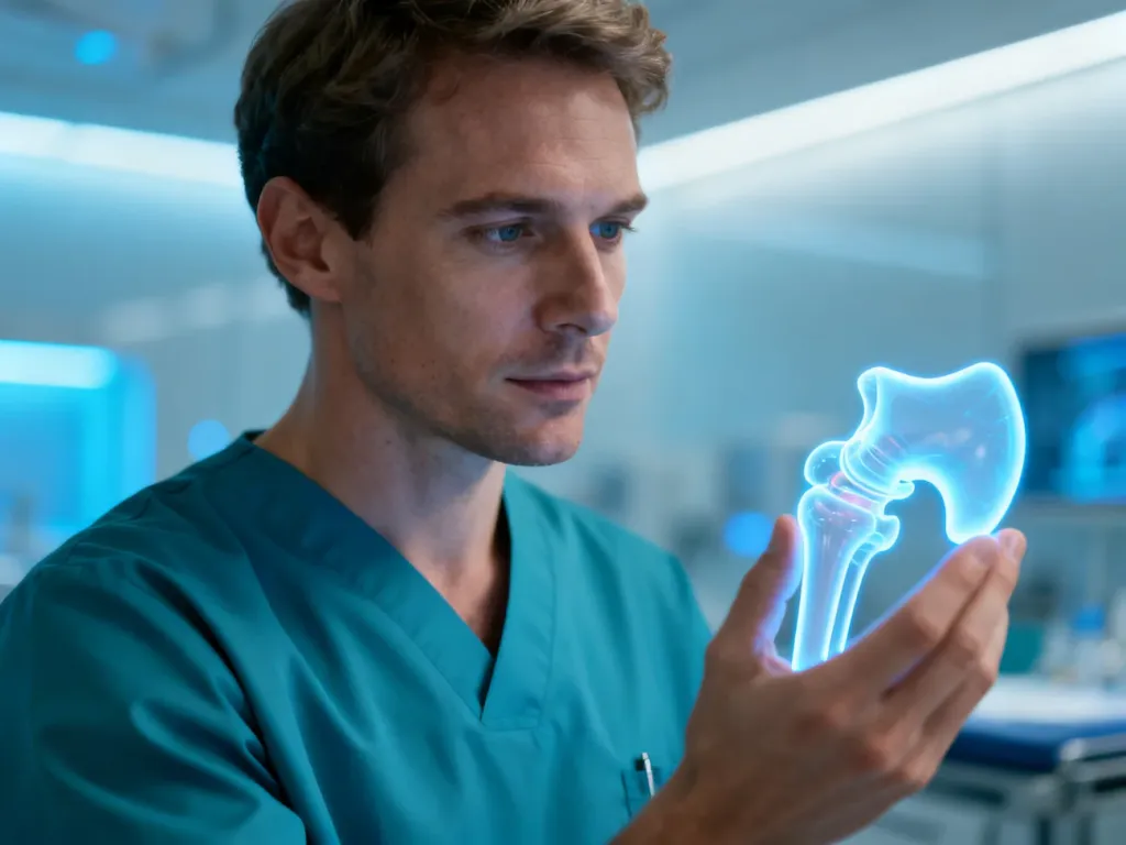 Chirurg trzymający nowoczesny model 3D stawu biodrowego w sterylnym otoczeniu sali operacyjnej.