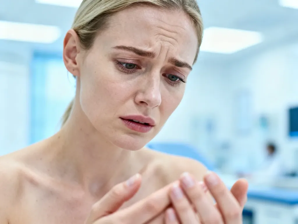 Kobieta z troską przyglądająca się swoim dłoniom w gabinecie lekarskim, co nawiązuje do diagnostyki łuszczycowego zapalenia stawów.