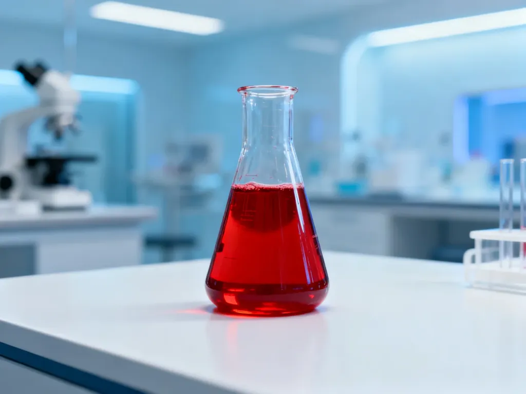 Szklana zlewka z krwią na laboratoryjnym stole w nowoczesnym gabinecie medycznym.