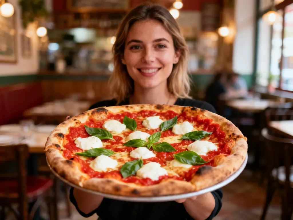 Świeża pizza neapolitańska z mozzarellą i bazylią trzymana w dłoniach na tle przytulnej włoskiej restauracji.