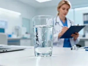 Szklanka wody z elektrolitami, cytryną i miętą w jasnej kuchni, podkreślająca orzeźwienie i nawodnienie organizmu.