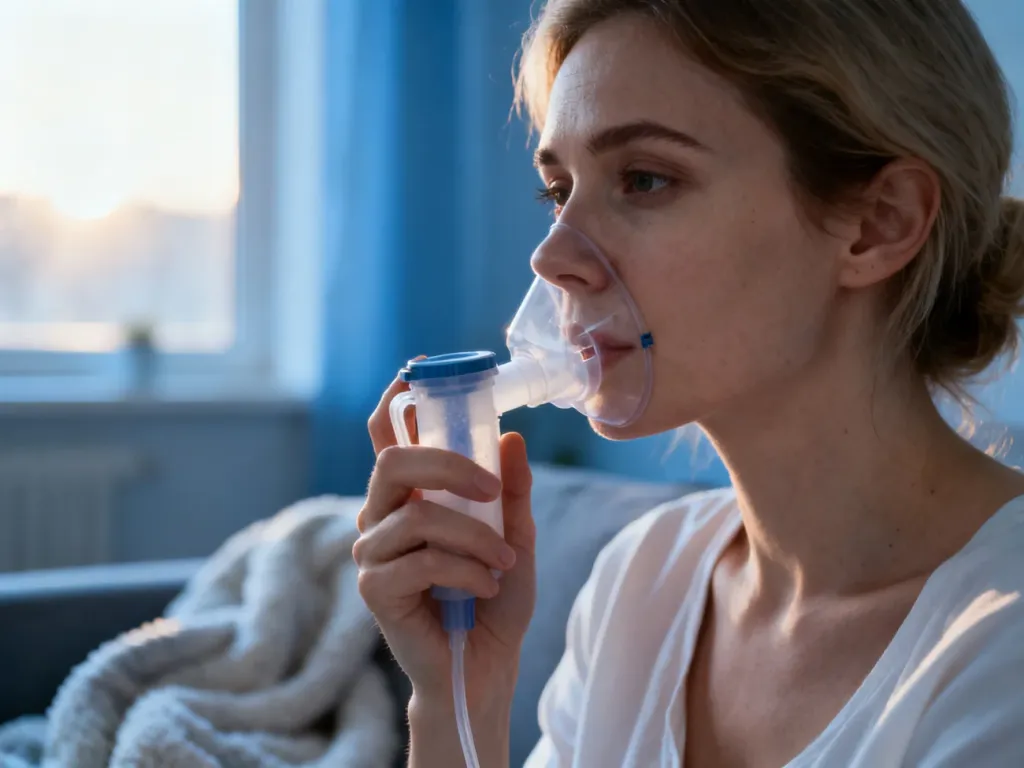 Kobieta używająca nebulizatora w przytulnym salonie, co ilustruje proces inhalacji preparatem Nebu-dose hialuronic.