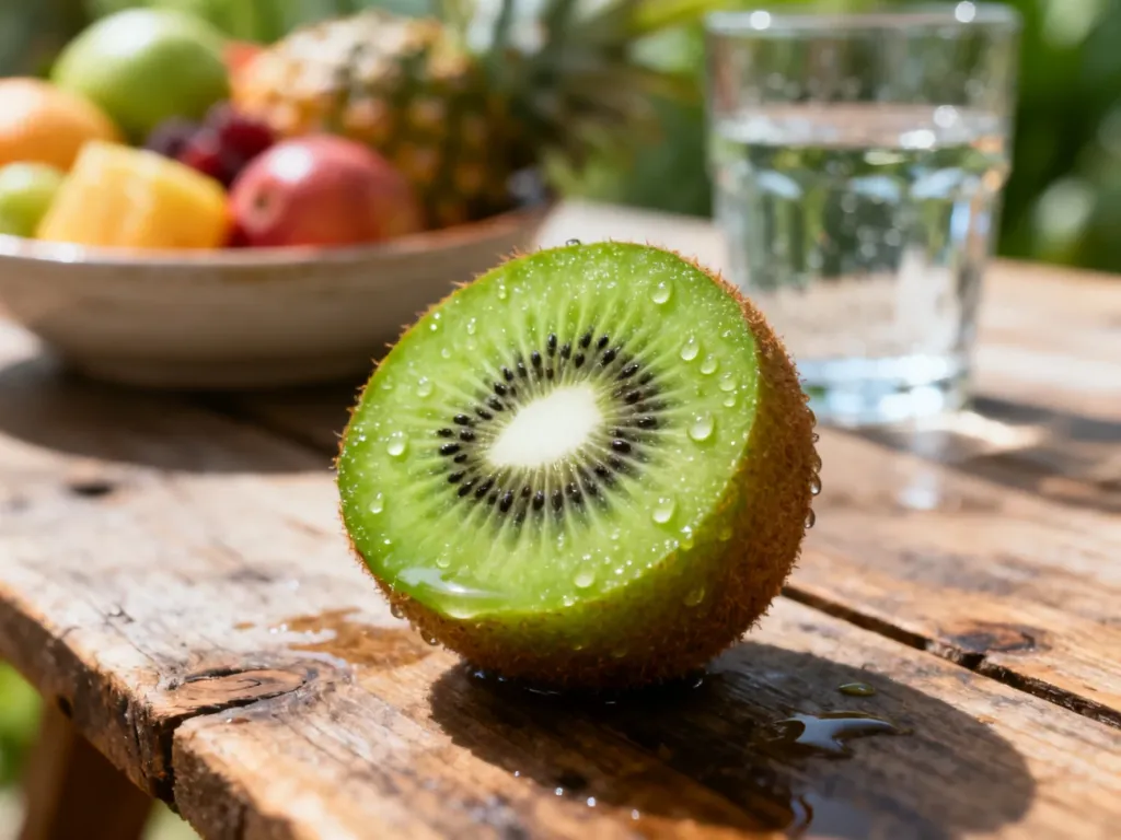 Przekrojone kiwi z widocznymi nasionami i kroplami wody na soczystym, zielonym miąższu, leżące na drewnianym stole.