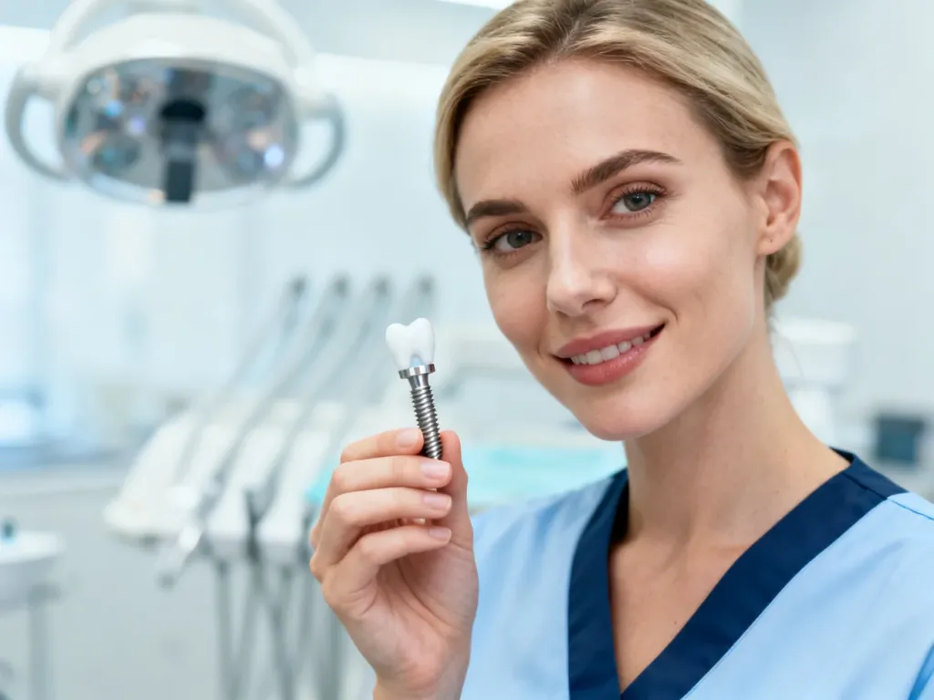 Stomatolog w nowoczesnym gabinecie prezentuje model implantu zębowego, wyjaśniając przebieg zabiegu.