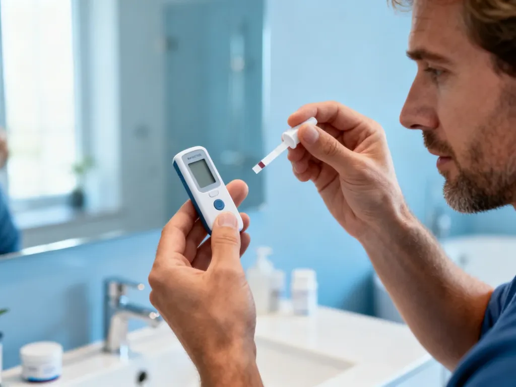 Mężczyzna wykonuje w domu test na poziom kwasu moczowego przy użyciu przenośnego urządzenia diagnostycznego.