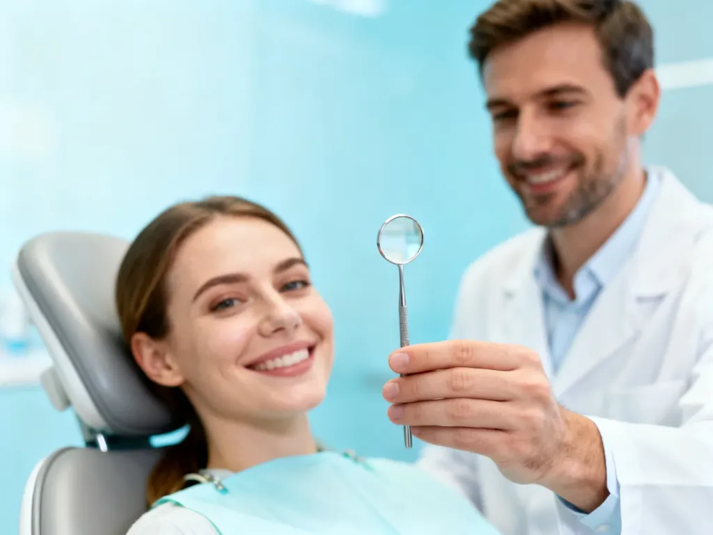 Uśmiechnięta pacjentka na fotelu dentystycznym, spokojny dentysta w białym fartuchu w nowoczesnym gabinecie w Lublinie